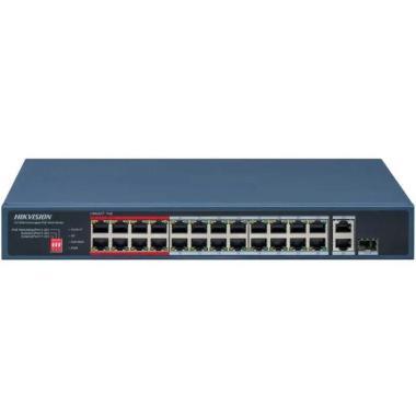 26 portos PoE switch (230 W); 24 PoE + 1 RJ45 uplink port + 1 kombinált uplink; nem menedzselhető