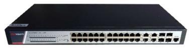 28 portos gigabit PoE switch (370 W); 24 PoE + 4 kombinált uplink port; teljesen menedzselhető