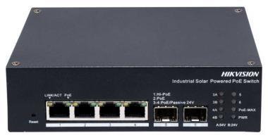 6 portos ipari Gbit PoE switch (120 W); 4 PoE+ / 2 SFP uplink port; 1 RS485 port; menedzselhető