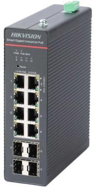 12 portos ipari Gbit PoE switch (300 W); 8 PoE+ / 4 SFP uplink; menedzselhető; 75 W tápegységgel